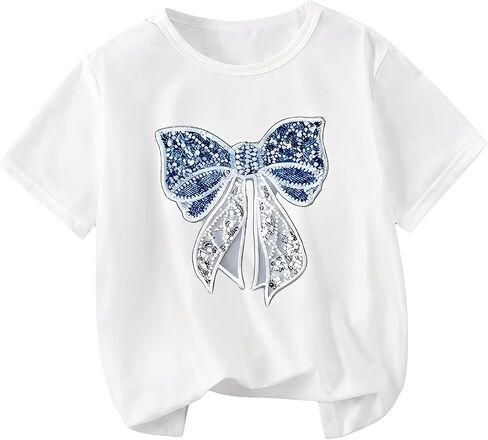 SHENHE Girl's Pearl Bow Graphic Tees Cute Short Sleeve Casual T Shirts Summer Crew Neck Tops in Kuwait