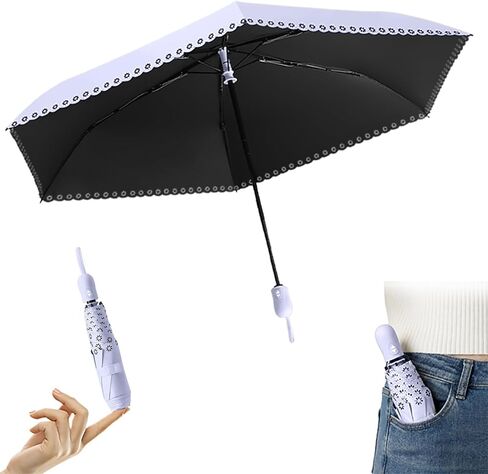 Mini Openwork Floral Trim Travel Folding Umbrella for Women Girls Kids,Auto Open/Close ，Portable Parasol/UPF 50+ UV Protection/Lightweight Compact/Rain Sun/Backpack Car，Waterproof, 6 Ribs in Kuwait