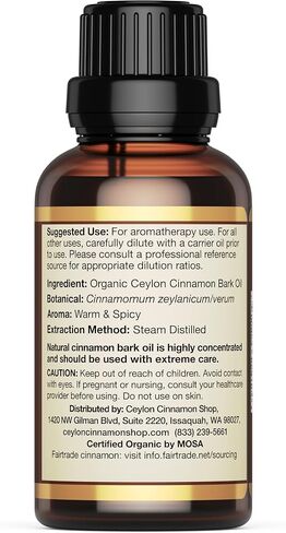 Ceylon Cinnamon Shop Organic Ceylon Cinnamon Bark Essential Oil, Food Grade, 1 Oz. (30 mL) in Saudi Arabia