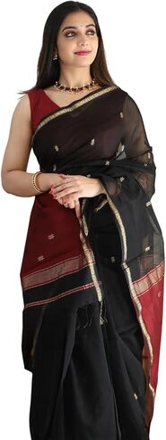 Women's Banarasi Cotton Silk Saree with Golden Zari Border | Soft Silk Saree with Unstitched Blouse Piece in Saudi Arabia