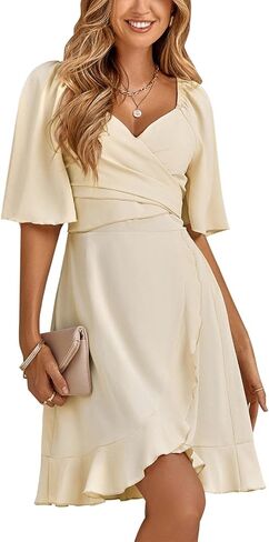 ANN CREEK Women's Short Dress Wrap V Neck Smocked Elastic Waist Short Flared Sleeve Belted Ruffle Hem Party Dress 2024 Apricot S in Saudi Arabia