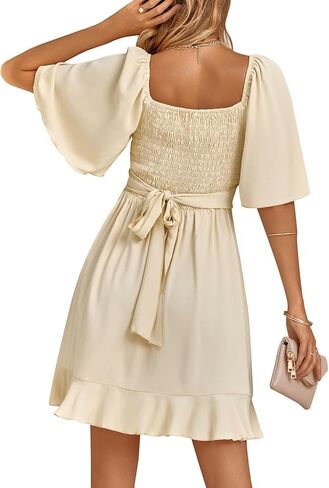ANN CREEK Women's Short Dress Wrap V Neck Smocked Elastic Waist Short Flared Sleeve Belted Ruffle Hem Party Dress 2024 Apricot S in Saudi Arabia