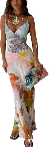 Women's Summer Boho Floral Sleeveless Printed Maxi Dress Bodycon Backless Halter Beach Dresses in Kuwait