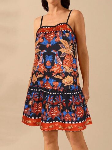 Women's Straight Neck Spaghetti Strap Ruffled Hem Mini Dress, Pullover A-Line Dress for Beach Vacation Casual Wear in Kuwait