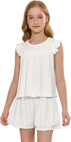 Mirawise Girls Pajamas 2 Piece Set Ruffle Summer Sleepwear Sleeveless Pjs for Kids 4-13Y in Saudi Arabia