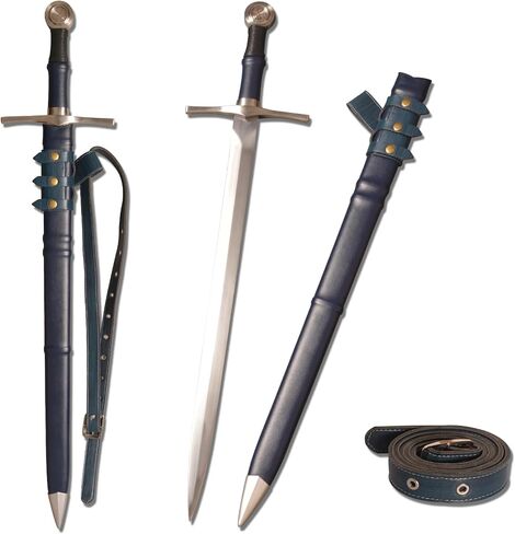 Medieval Sharp Blade Blue Western Sword with Knight Motif Manganese Steel Blade Real Sword Supplied with Belt Total Length 37.99 inches for Display Gift Collection in Saudi Arabia