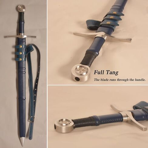 Medieval Sharp Blade Blue Western Sword with Knight Motif Manganese Steel Blade Real Sword Supplied with Belt Total Length 37.99 inches for Display Gift Collection in Saudi Arabia