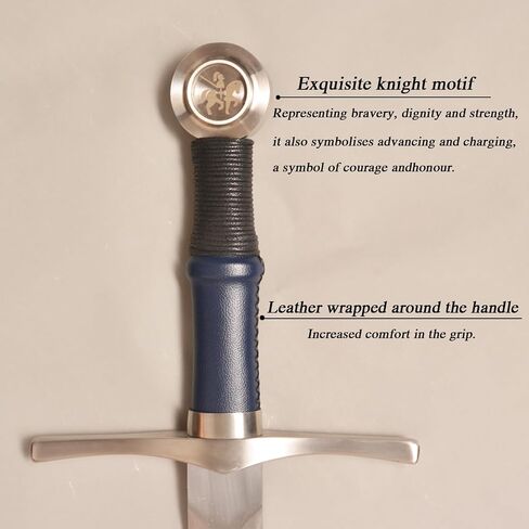 Medieval Sharp Blade Blue Western Sword with Knight Motif Manganese Steel Blade Real Sword Supplied with Belt Total Length 37.99 inches for Display Gift Collection in Saudi Arabia