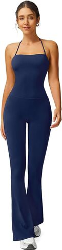 TimeOFF Women's Flare Leg Yoga Pants Jumpsuit, High Waisted Bootcut Workout Leggings with Halter Top in Kuwait