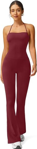 TimeOFF Women's Flare Leg Yoga Pants Jumpsuit, High Waisted Bootcut Workout Leggings with Halter Top in Kuwait