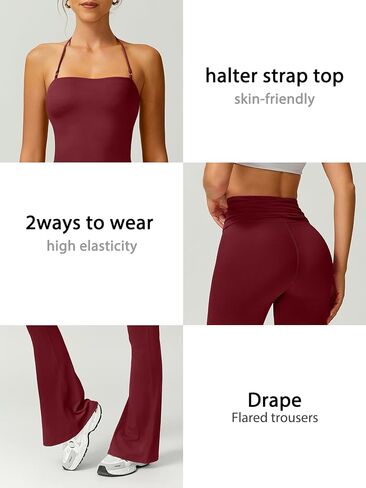 TimeOFF Women's Flare Leg Yoga Pants Jumpsuit, High Waisted Bootcut Workout Leggings with Halter Top in Kuwait