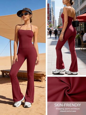 TimeOFF Women's Flare Leg Yoga Pants Jumpsuit, High Waisted Bootcut Workout Leggings with Halter Top in Kuwait
