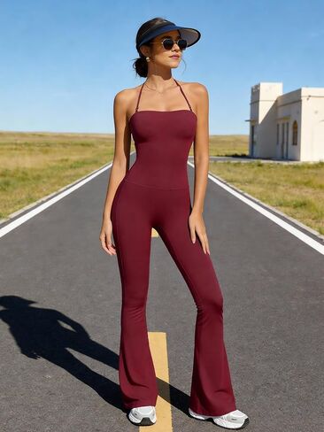 TimeOFF Women's Flare Leg Yoga Pants Jumpsuit, High Waisted Bootcut Workout Leggings with Halter Top in Kuwait