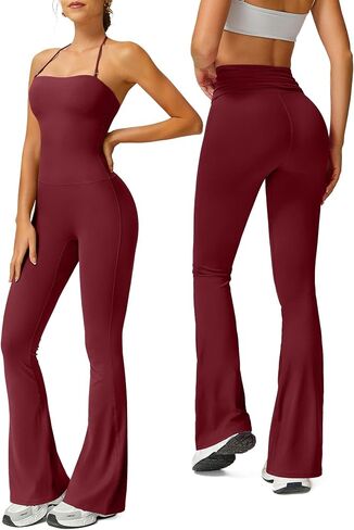 TimeOFF Women's Flare Leg Yoga Pants Jumpsuit, High Waisted Bootcut Workout Leggings with Halter Top in Kuwait
