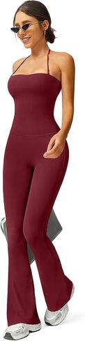 TimeOFF Women's Flare Leg Yoga Pants Jumpsuit, High Waisted Bootcut Workout Leggings with Halter Top in Kuwait
