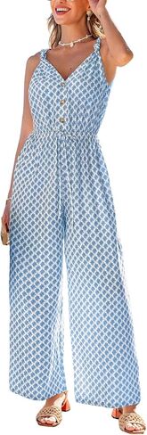 CUPSHE Summer Sleeveless Jumpsuits for Women Dressy Buttons Down Printed V Neck Wide Leg Jumpsuit with Pockets Vacation in Kuwait