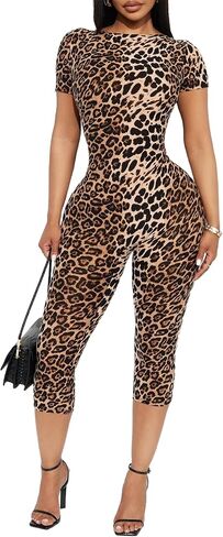 Short Sleeve Jumpsuit for Women Backless Leopard Print Capri Jumpsuit Sexy Club Outfits for Women in Kuwait