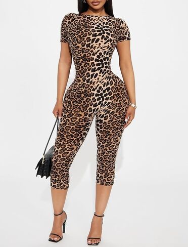 Short Sleeve Jumpsuit for Women Backless Leopard Print Capri Jumpsuit Sexy Club Outfits for Women in Kuwait