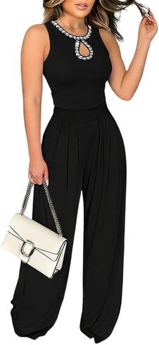 Sleeveless Jumpsuit for Women Dressy Rhinestone Summer Casual Wide Leg Romper with Pocket Date Party Outfit in Kuwait