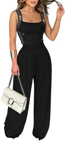 Sleeveless Jumpsuit for Women Dressy Rhinestone Summer Casual Wide Leg Romper with Pocket Date Party Outfit in Saudi Arabia