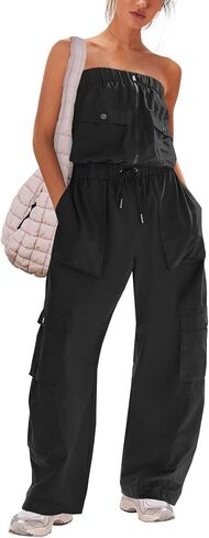 Panadila Women Wide Leg Jumpsuits Cargo Strapless Romper | One Piece Outfits, Loose Fit Overalls, Elastic Waist, Casual Jumpers, Vacation Outfits, Off the Shoulder, Streetwear, Onesie in Kuwait