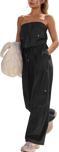 Panadila Women Wide Leg Jumpsuits Cargo Strapless Romper | One Piece Outfits, Loose Fit Overalls, Elastic Waist, Casual Jumpers, Vacation Outfits, Off the Shoulder, Streetwear, Onesie in Kuwait