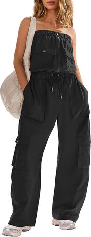 Panadila Women Wide Leg Jumpsuits Cargo Strapless Romper | One Piece Outfits, Loose Fit Overalls, Elastic Waist, Casual Jumpers, Vacation Outfits, Off the Shoulder, Streetwear, Onesie in Kuwait