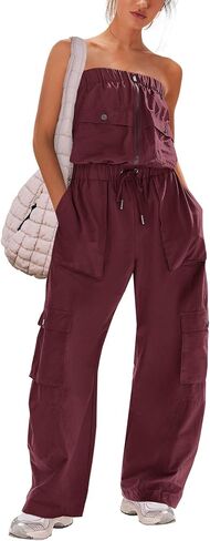 Panadila Women Wide Leg Jumpsuits Cargo Strapless Romper | One Piece Outfits, Loose Fit Overalls, Elastic Waist, Casual Jumpers, Vacation Outfits, Off the Shoulder, Streetwear, Onesie in Kuwait