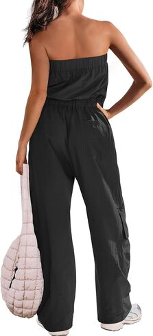 Panadila Women Wide Leg Jumpsuits Cargo Strapless Romper | One Piece Outfits, Loose Fit Overalls, Elastic Waist, Casual Jumpers, Vacation Outfits, Off the Shoulder, Streetwear, Onesie in Kuwait