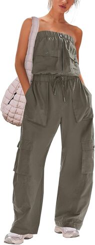 Panadila Women Wide Leg Jumpsuits Cargo Strapless Romper | One Piece Outfits, Loose Fit Overalls, Elastic Waist, Casual Jumpers, Vacation Outfits, Off the Shoulder, Streetwear, Onesie in Kuwait