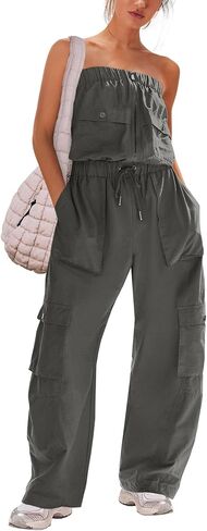 Panadila Women Wide Leg Jumpsuits Cargo Strapless Romper | One Piece Outfits, Loose Fit Overalls, Elastic Waist, Casual Jumpers, Vacation Outfits, Off the Shoulder, Streetwear, Onesie in Kuwait