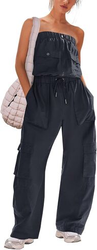 Panadila Women Wide Leg Jumpsuits Cargo Strapless Romper | One Piece Outfits, Loose Fit Overalls, Elastic Waist, Casual Jumpers, Vacation Outfits, Off the Shoulder, Streetwear, Onesie in Kuwait