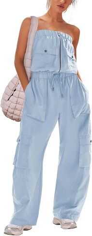 Panadila Women Wide Leg Jumpsuits Cargo Strapless Romper | One Piece Outfits, Loose Fit Overalls, Elastic Waist, Casual Jumpers, Vacation Outfits, Off the Shoulder, Streetwear, Onesie in Kuwait