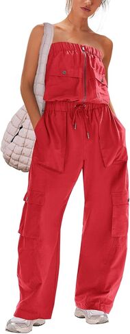 Panadila Women Wide Leg Jumpsuits Cargo Strapless Romper | One Piece Outfits, Loose Fit Overalls, Elastic Waist, Casual Jumpers, Vacation Outfits, Off the Shoulder, Streetwear, Onesie in Kuwait