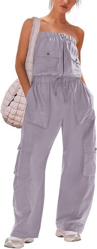 Panadila Women Wide Leg Jumpsuits Cargo Strapless Romper | One Piece Outfits, Loose Fit Overalls, Elastic Waist, Casual Jumpers, Vacation Outfits, Off the Shoulder, Streetwear, Onesie in Kuwait