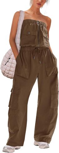 Panadila Women Wide Leg Jumpsuits Cargo Strapless Romper | One Piece Outfits, Loose Fit Overalls, Elastic Waist, Casual Jumpers, Vacation Outfits, Off the Shoulder, Streetwear, Onesie in Kuwait