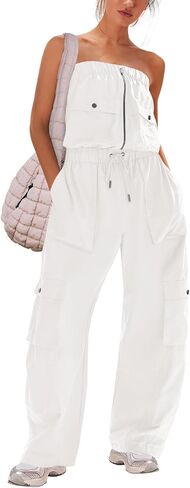 Panadila Women Wide Leg Jumpsuits Cargo Strapless Romper | One Piece Outfits, Loose Fit Overalls, Elastic Waist, Casual Jumpers, Vacation Outfits, Off the Shoulder, Streetwear, Onesie in Kuwait