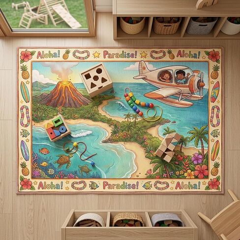 ALALAL Tropical Island Adventure Kids Play Area Rug, 7' x 5' Non-Slip Crawling Mat with Volcano & Beach Print, Large Nursery Rugs for Bedroom, Classroom, Playroom Decor in Kuwait