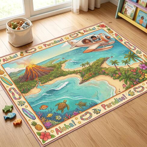 ALALAL Tropical Island Adventure Kids Play Area Rug, 7' x 5' Non-Slip Crawling Mat with Volcano & Beach Print, Large Nursery Rugs for Bedroom, Classroom, Playroom Decor in Kuwait
