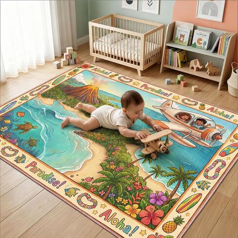 ALALAL Tropical Island Adventure Kids Play Area Rug, 7' x 5' Non-Slip Crawling Mat with Volcano & Beach Print, Large Nursery Rugs for Bedroom, Classroom, Playroom Decor in Kuwait