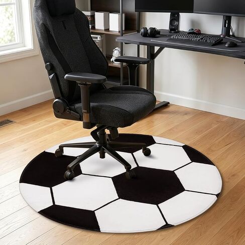 28-inch Round Football Rug, Soccer Ball Area Rug for Boys Bedroom & Playroom, Non-Slip Office Chair Mat for Hardwood Floors, Washable Nursery Carpet & Sports Decor, Black White in Kuwait