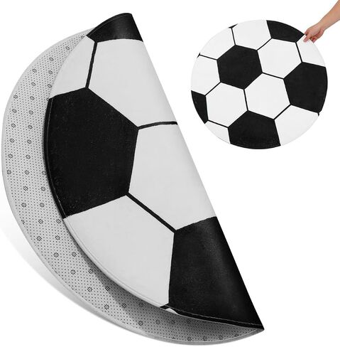 28-inch Round Football Rug, Soccer Ball Area Rug for Boys Bedroom & Playroom, Non-Slip Office Chair Mat for Hardwood Floors, Washable Nursery Carpet & Sports Decor, Black White in Kuwait