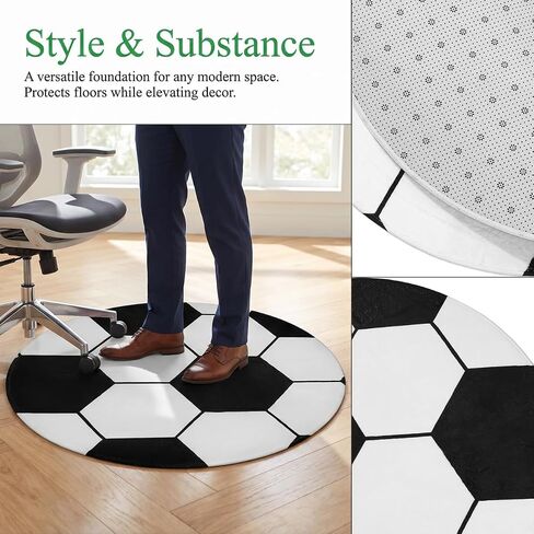 28-inch Round Football Rug, Soccer Ball Area Rug for Boys Bedroom & Playroom, Non-Slip Office Chair Mat for Hardwood Floors, Washable Nursery Carpet & Sports Decor, Black White in Kuwait