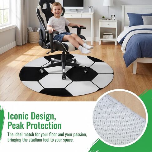 28-inch Round Football Rug, Soccer Ball Area Rug for Boys Bedroom & Playroom, Non-Slip Office Chair Mat for Hardwood Floors, Washable Nursery Carpet & Sports Decor, Black White in Kuwait