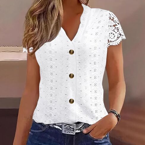 Womens T Shirts Ladies Elegant Summer Blouse Solid-Color Lace-Panel V-Neck Openwork Short-Sleeve Casual Top in Kuwait