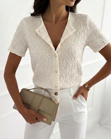 CHICME Womens Textured Short Sleeve Tops Round Neck Button Front Casual Blouse Elegant Easter Spring Break Vacation Shirts in Kuwait
