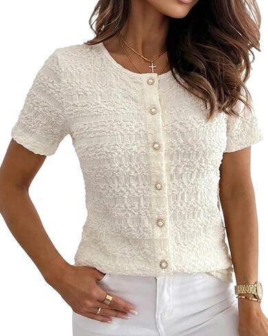CHICME Womens Textured Short Sleeve Tops Round Neck Button Front Casual Blouse Elegant Easter Spring Break Vacation Shirts in Kuwait