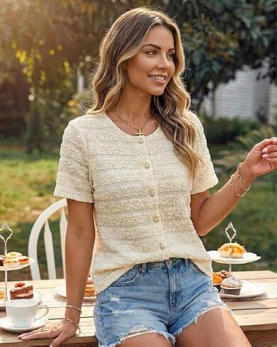 CHICME Womens Textured Short Sleeve Tops Round Neck Button Front Casual Blouse Elegant Easter Spring Break Vacation Shirts in Kuwait
