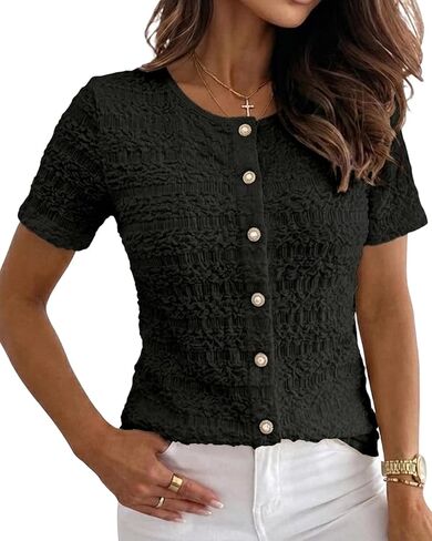 CHICME Womens Textured Short Sleeve Tops Round Neck Button Front Casual Blouse Elegant Easter Spring Break Vacation Shirts in Kuwait