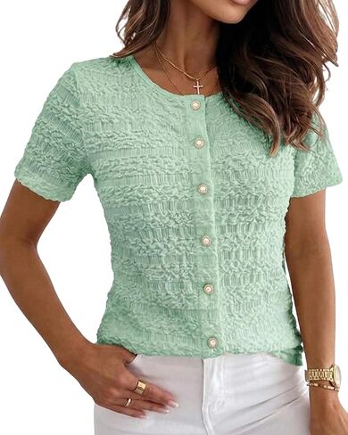 CHICME Womens Textured Short Sleeve Tops Round Neck Button Front Casual Blouse Elegant Easter Spring Break Vacation Shirts in Kuwait